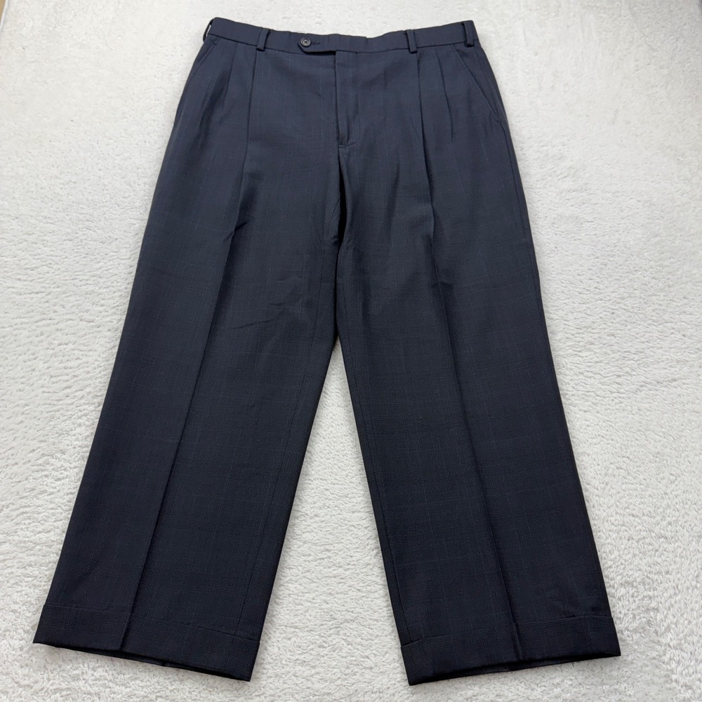 Brooks Brothers 346 Mens Wool Blend Stretch Dress Pants Pleated Gray Plaid 34x26